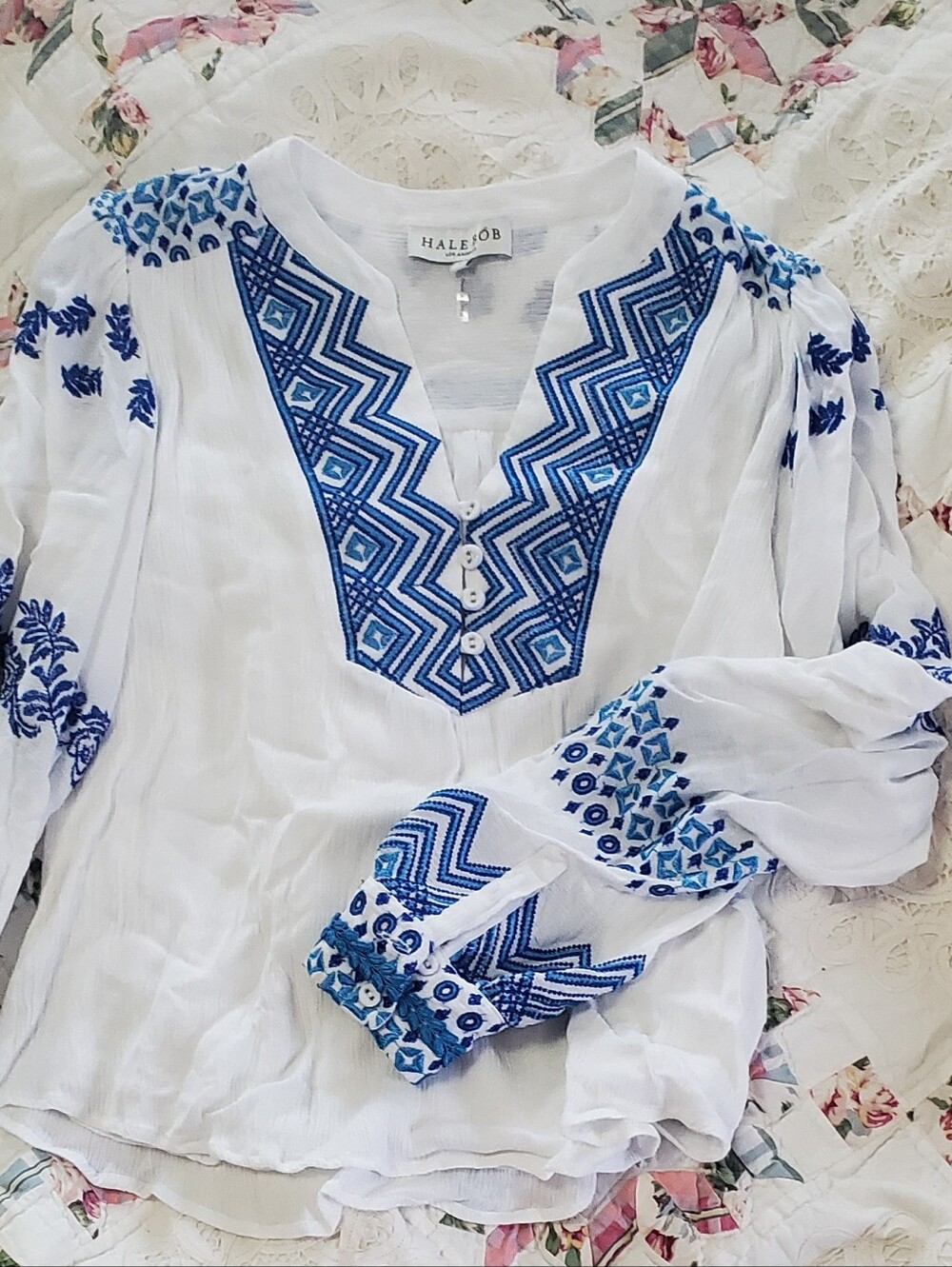 Hale Bob White Blouse with Blue Geometric Embroidery